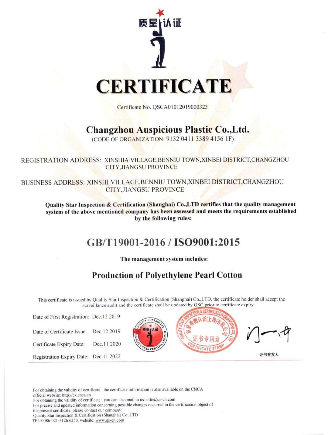 Chine Changzhou Auspicious Plastic Co., Ltd. Certifications